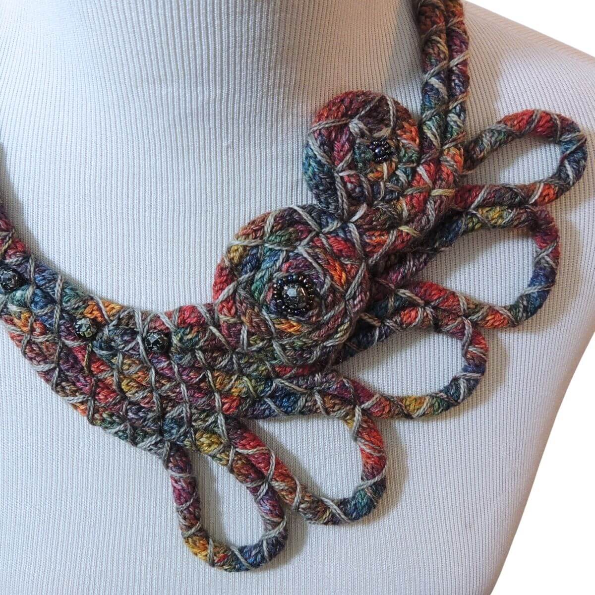 ZAKIA: Textile Statement Necklace, One-Of-A-Kind, Handmade, Beaded Wrapped Cord Wearable Art