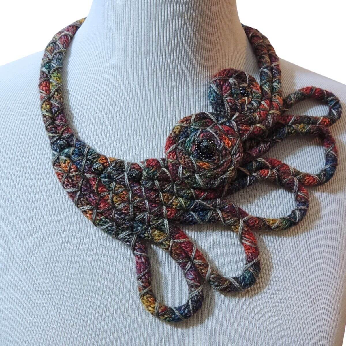 ZAKIA: Textile Statement Necklace, One-Of-A-Kind, Handmade, Beaded Wrapped Cord Wearable Art