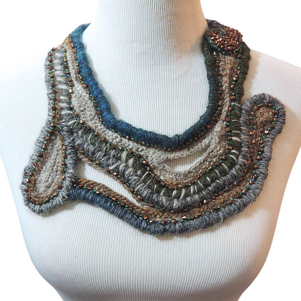 ZARINA: Beaded Wrapped Cord Wearable Art, Sculptural Fiber Jewelry, Unique Statement Necklace