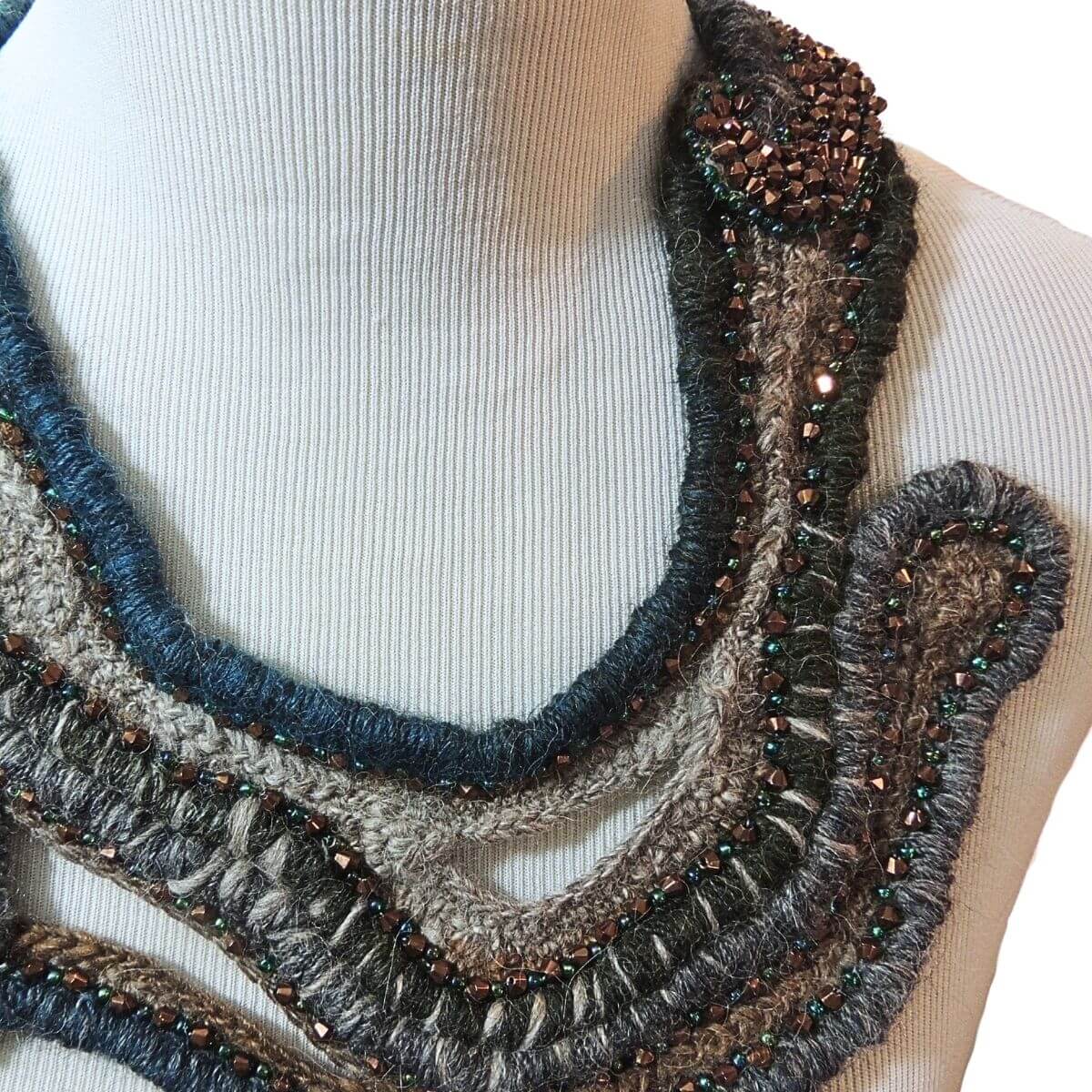 ZARINA: Beaded Wrapped Cord Wearable Art, Sculptural Fiber Jewelry, Unique Statement Necklace