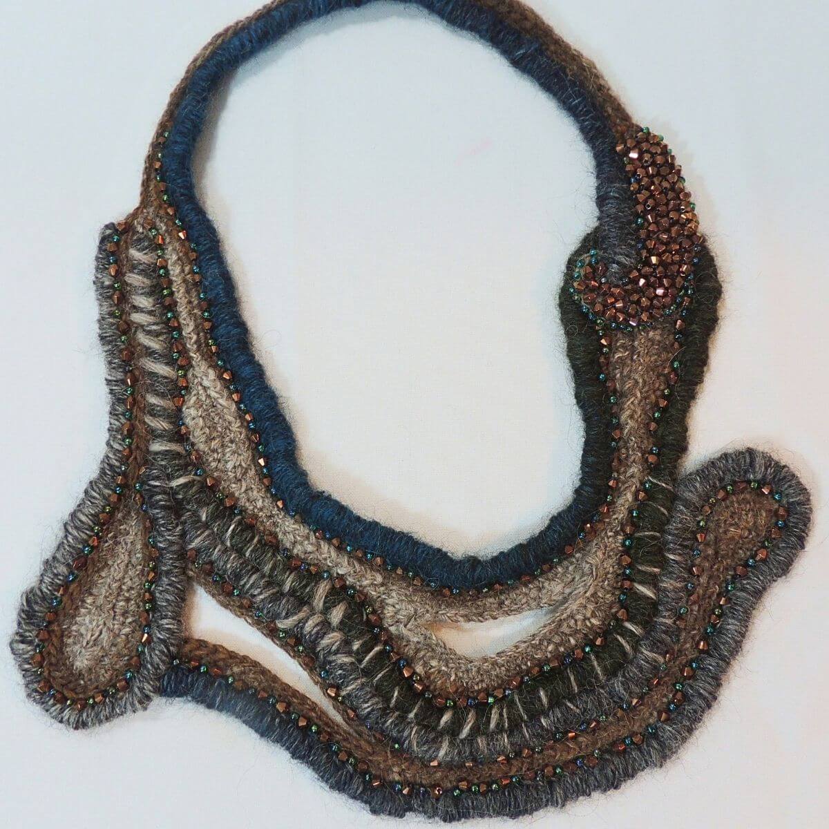 ZARINA: Beaded Wrapped Cord Wearable Art, Sculptural Fiber Jewelry, Unique Statement Necklace