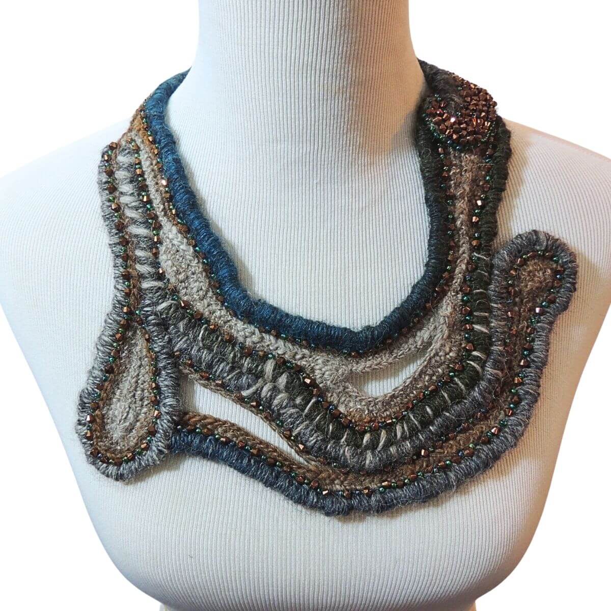 ZARINA: Beaded Wrapped Cord Wearable Art, Sculptural Fiber Jewelry, Unique Statement Necklace