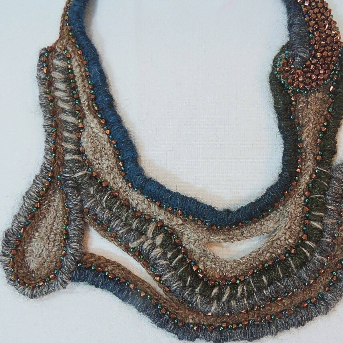 ZARINA: Beaded Wrapped Cord Wearable Art, Sculptural Fiber Jewelry, Unique Statement Necklace