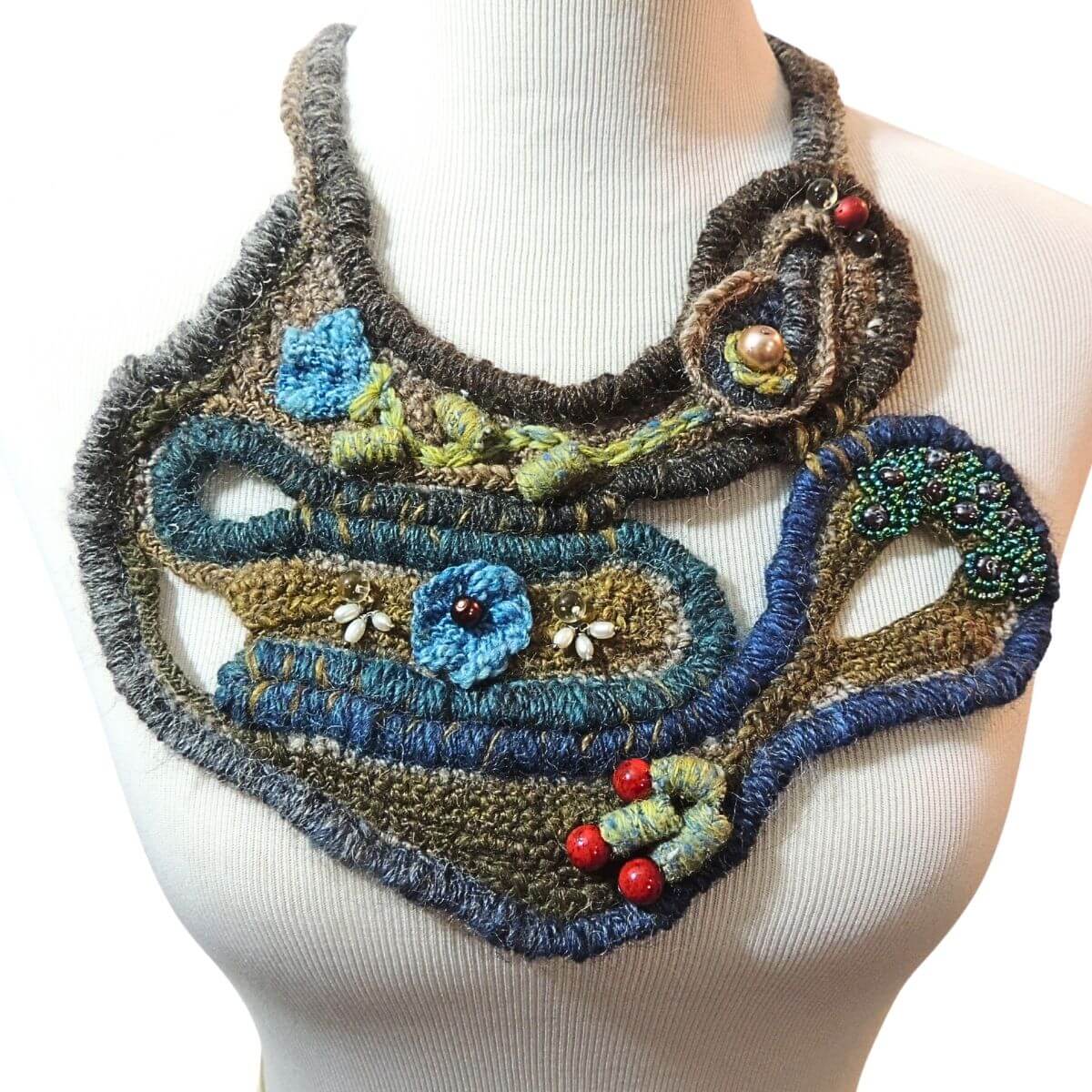 ZAZIL: Unique Statement Necklace, Fiber Art, One-Of-A-Kind, Handmade, Beaded Wrapped Cord Wearable Art