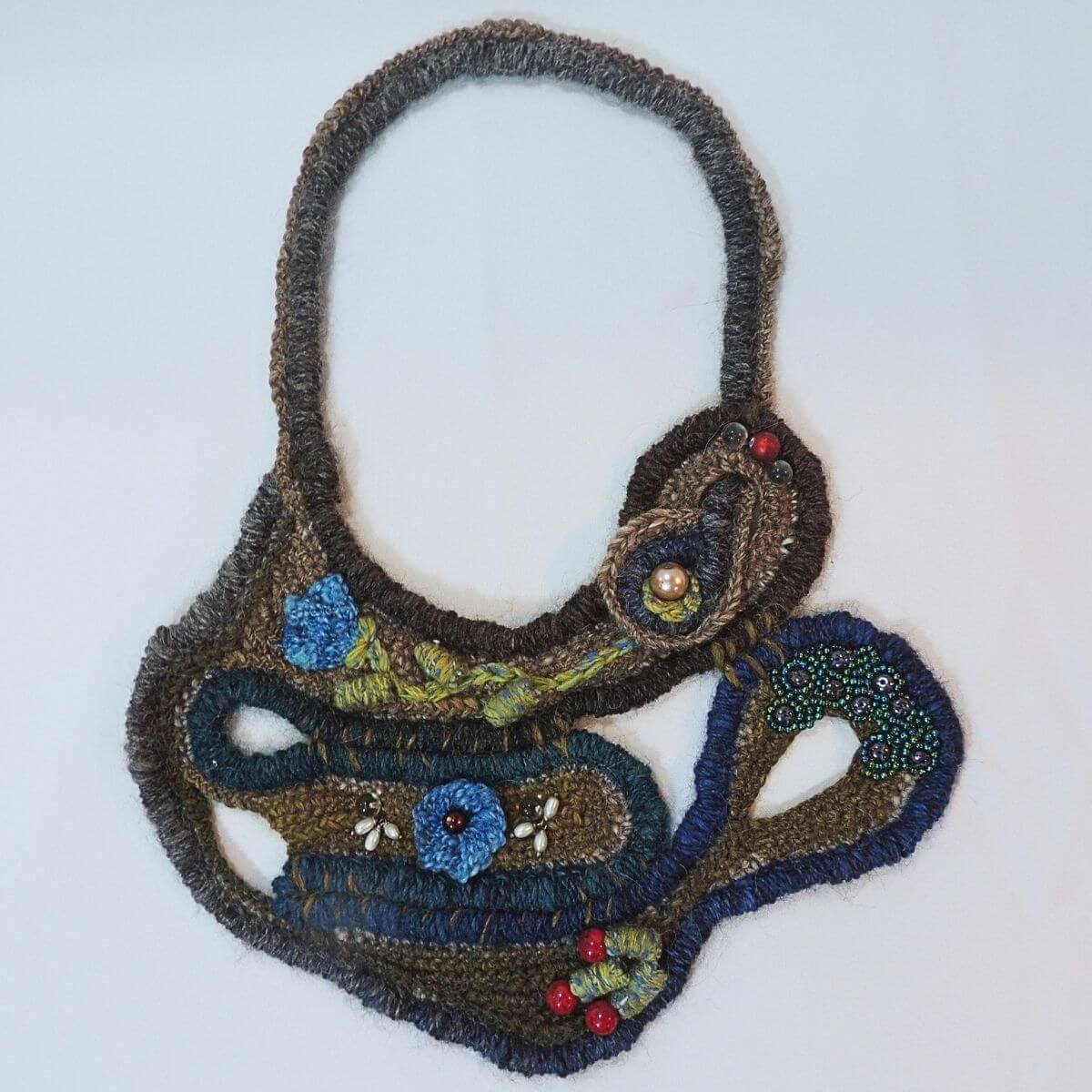 ZAZIL: Unique Statement Necklace, Fiber Art, One-Of-A-Kind, Handmade, Beaded Wrapped Cord Wearable Art
