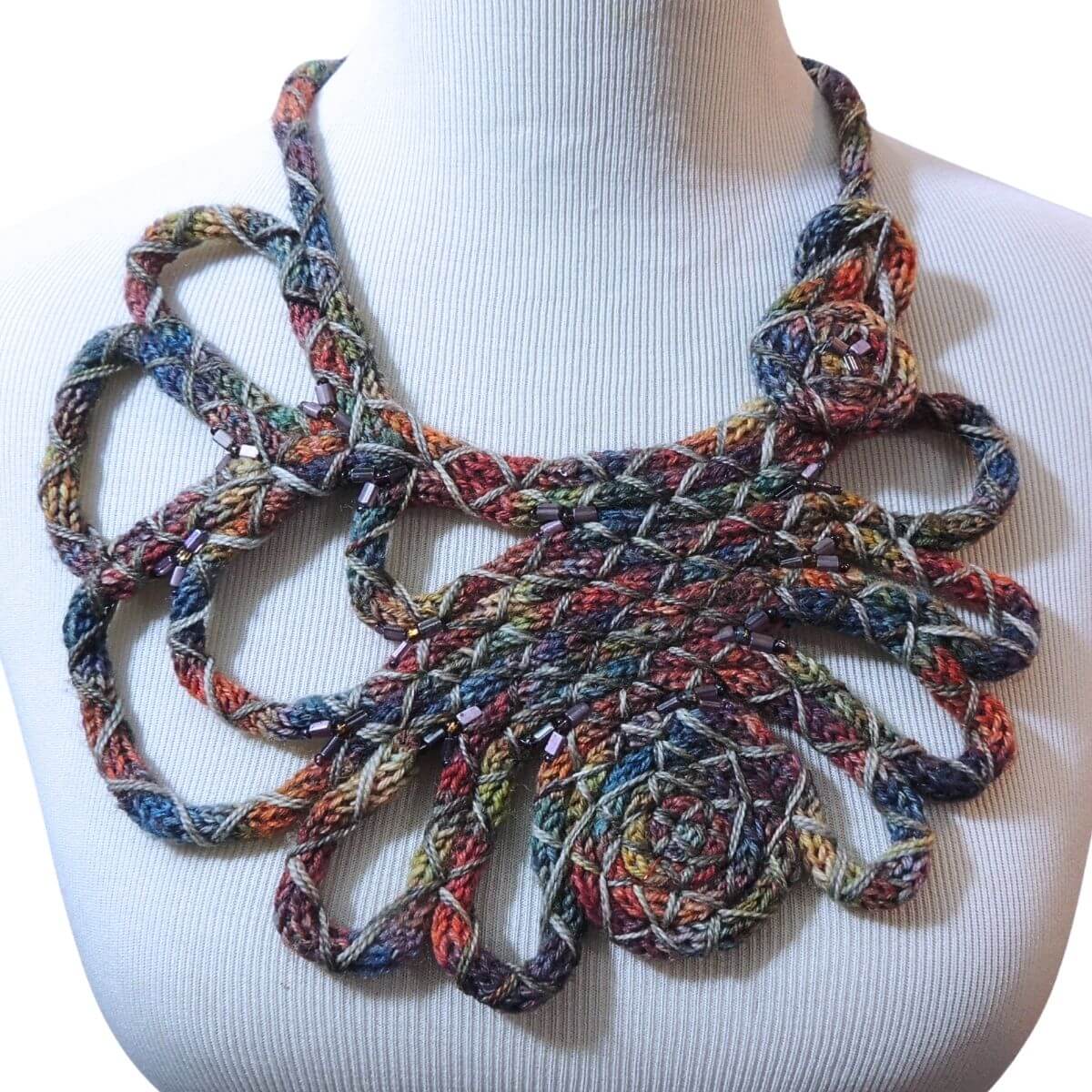 ZRINKA: One-Of-A-Kind Handmade Statement Necklace, Beaded Wrapped Cord Wearable Art, Sculptural Fiber Jewelry