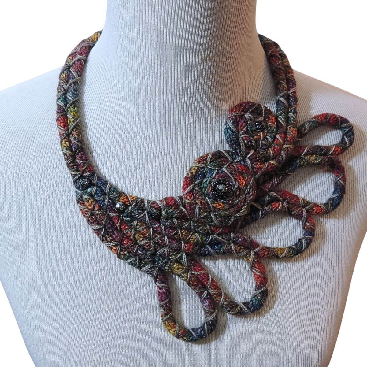 ZAKIA: Textile Statement Necklace, One-Of-A-Kind, Handmade, Beaded Wrapped Cord Wearable Art