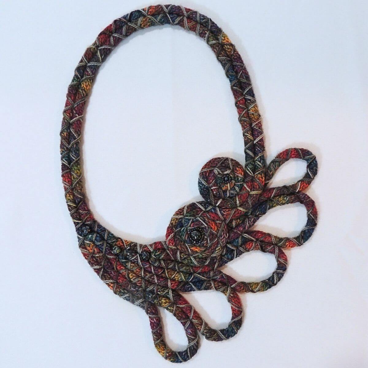 ZAKIA: Textile Statement Necklace, One-Of-A-Kind, Handmade, Beaded Wrapped Cord Wearable Art