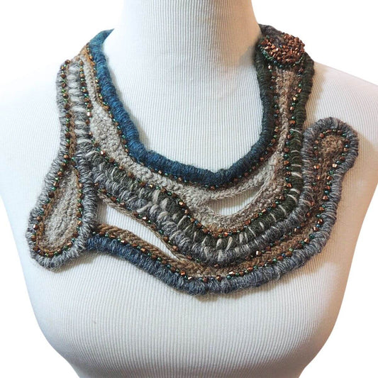 ZARINA: Beaded Wrapped Cord Wearable Art, Sculptural Fiber Jewelry, Unique Statement Necklace