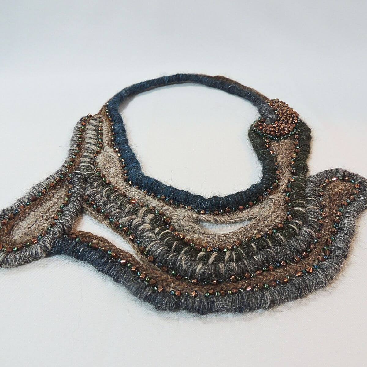 ZARINA: Beaded Wrapped Cord Wearable Art, Sculptural Fiber Jewelry, Unique Statement Necklace