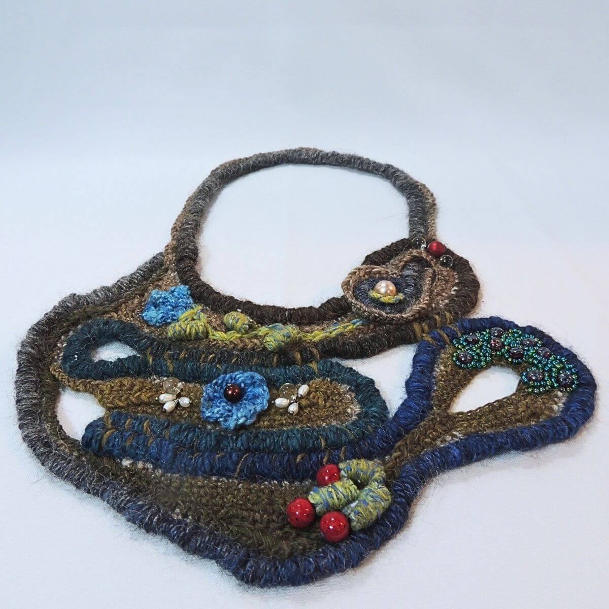 ZAZIL: Unique Statement Necklace, Fiber Art, One-Of-A-Kind, Handmade, Beaded Wrapped Cord Wearable Art