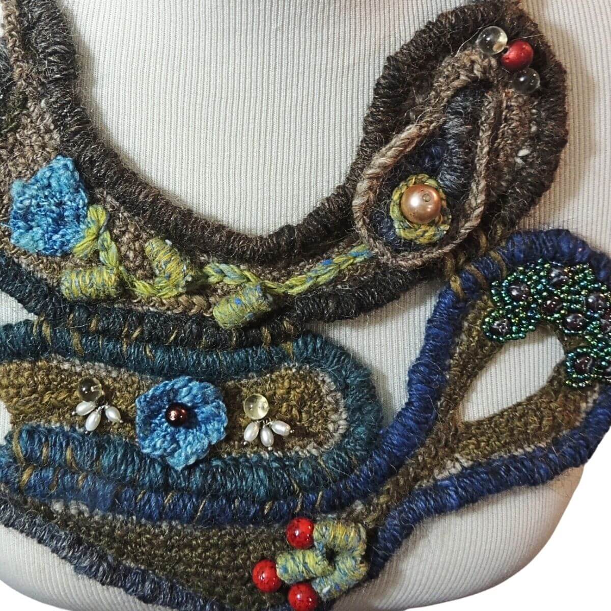 ZAZIL: Unique Statement Necklace, Fiber Art, One-Of-A-Kind, Handmade, Beaded Wrapped Cord Wearable Art