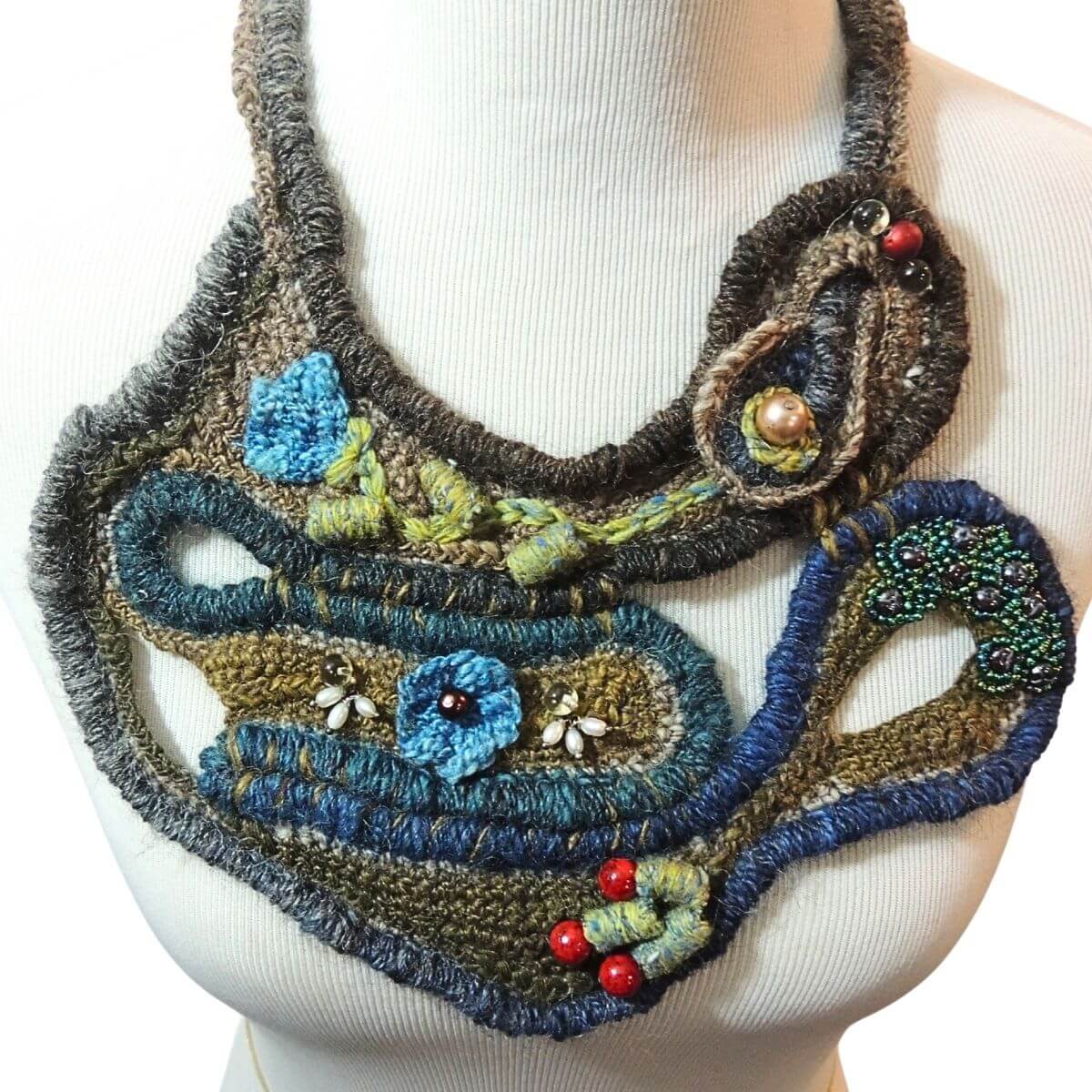 ZAZIL: Unique Statement Necklace, Fiber Art, One-Of-A-Kind, Handmade, Beaded Wrapped Cord Wearable Art