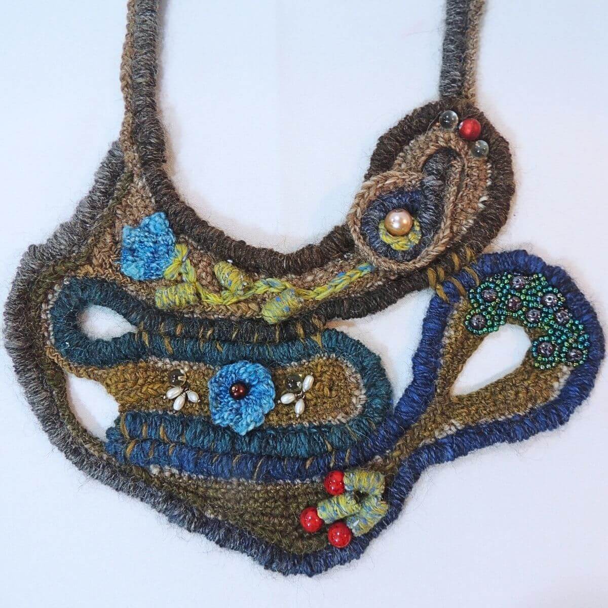 ZAZIL: Unique Statement Necklace, Fiber Art, One-Of-A-Kind, Handmade, Beaded Wrapped Cord Wearable Art