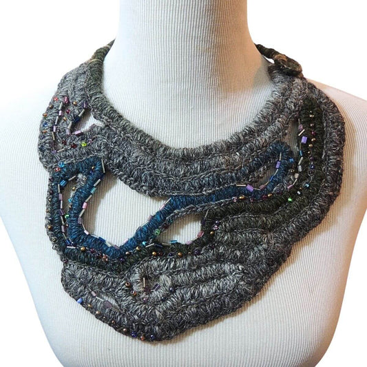 ZOLA: OOAK Statement Necklace, Beaded Wrapped Cord Wearable Art, Sculptural Fiber Jewelry