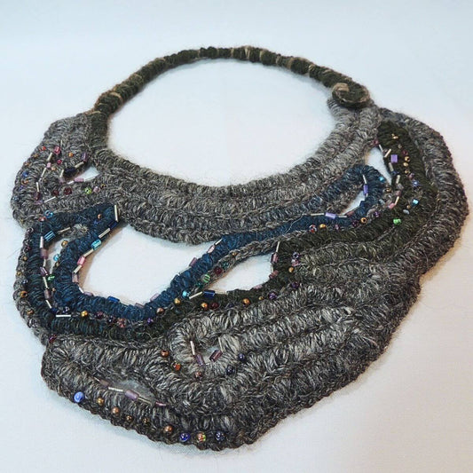 ZOLA: OOAK Statement Necklace, Beaded Wrapped Cord Wearable Art, Sculptural Fiber Jewelry