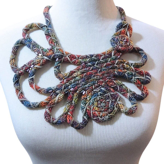 ZRINKA: One-Of-A-Kind Handmade Statement Necklace, Beaded Wrapped Cord Wearable Art, Sculptural Fiber Jewelry