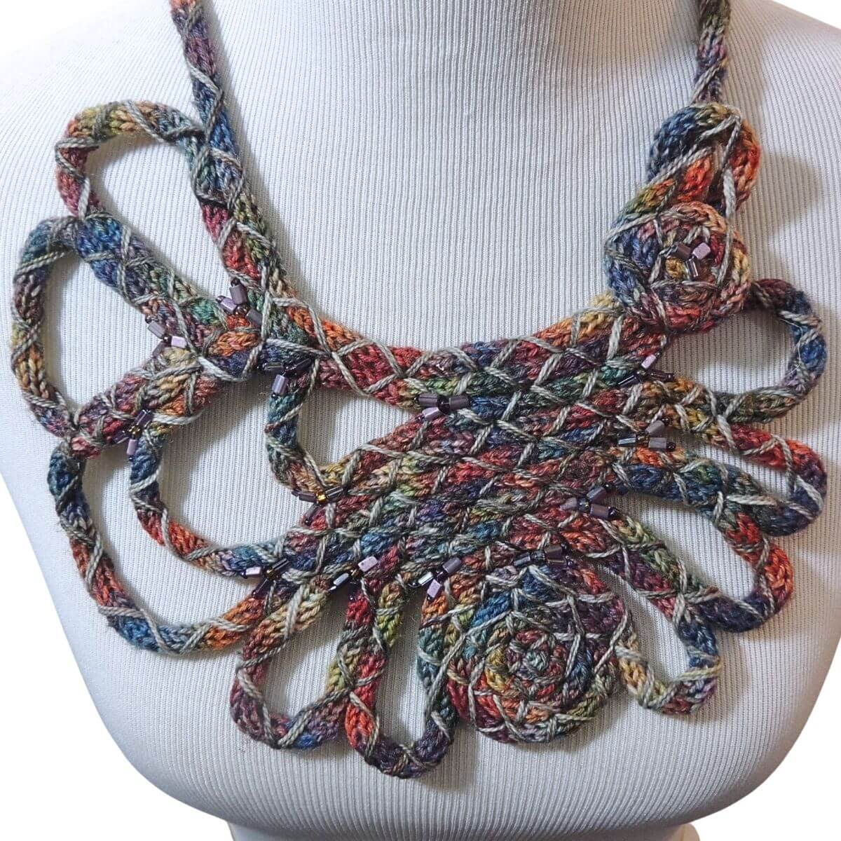ZRINKA: One-Of-A-Kind Handmade Statement Necklace, Beaded Wrapped Cord Wearable Art, Sculptural Fiber Jewelry