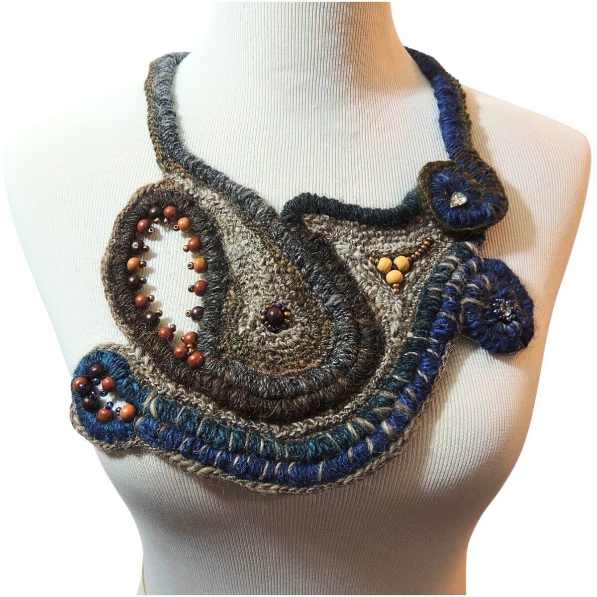 ZURI: OOAK Fiber Art Statement Necklace, Handmade, Beaded Wrapped Cord Wearable Art, Sculptural Fiber Jewelry