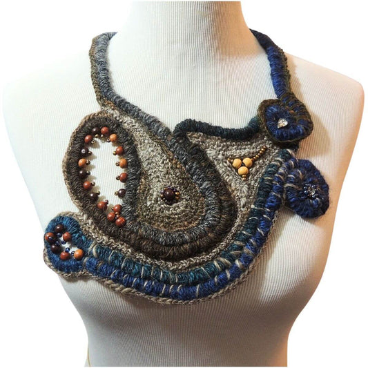 ZURI: OOAK Fiber Art Statement Necklace, Handmade, Beaded Wrapped Cord Wearable Art, Sculptural Fiber Jewelry