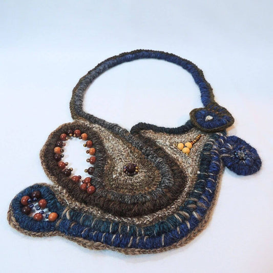 ZURI: OOAK Fiber Art Statement Necklace, Handmade, Beaded Wrapped Cord Wearable Art, Sculptural Fiber Jewelry