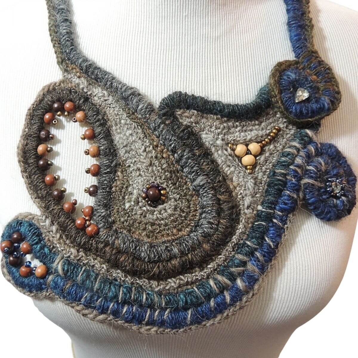 ZURI: OOAK Fiber Art Statement Necklace, Handmade, Beaded Wrapped Cord Wearable Art, Sculptural Fiber Jewelry