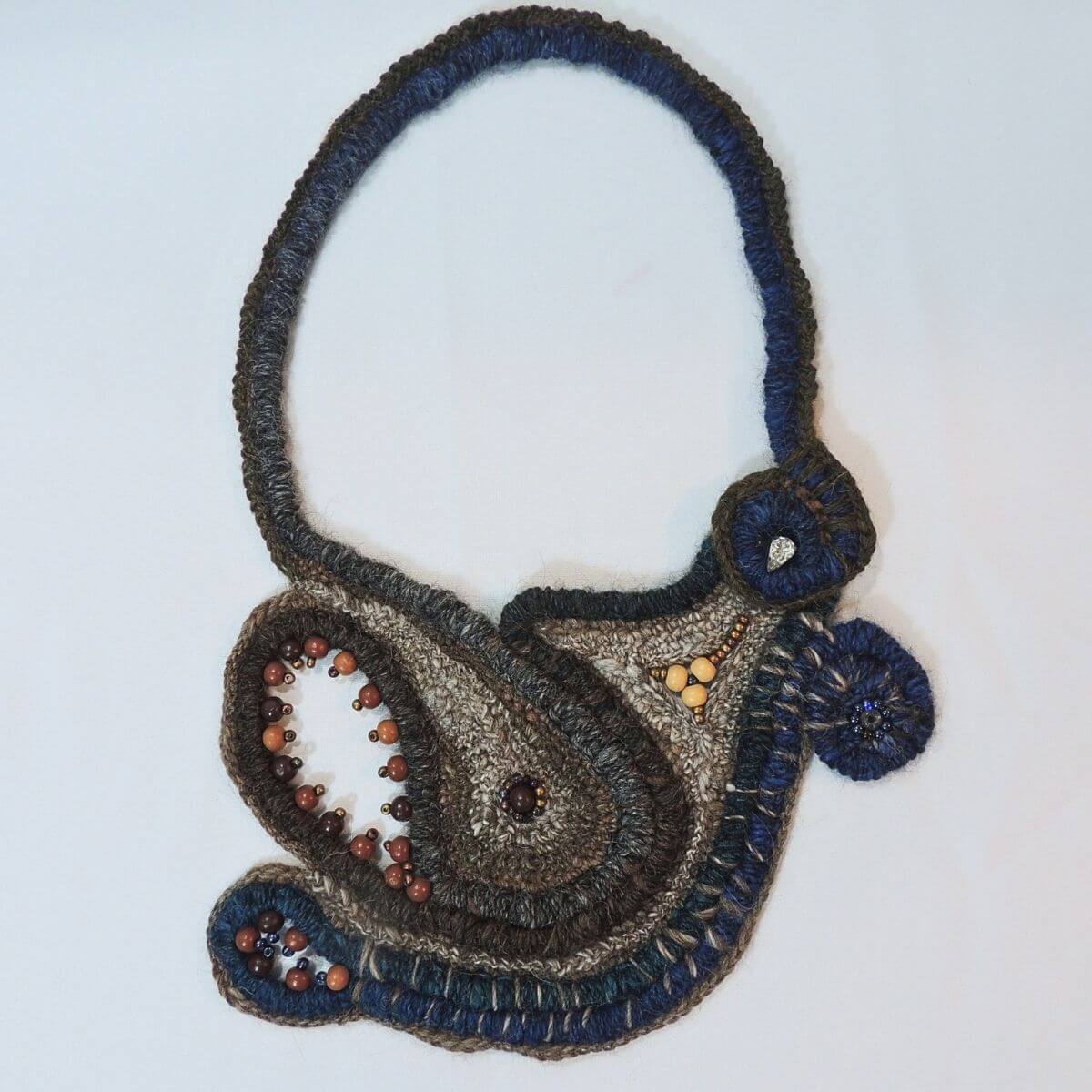 ZURI: OOAK Fiber Art Statement Necklace, Handmade, Beaded Wrapped Cord Wearable Art, Sculptural Fiber Jewelry