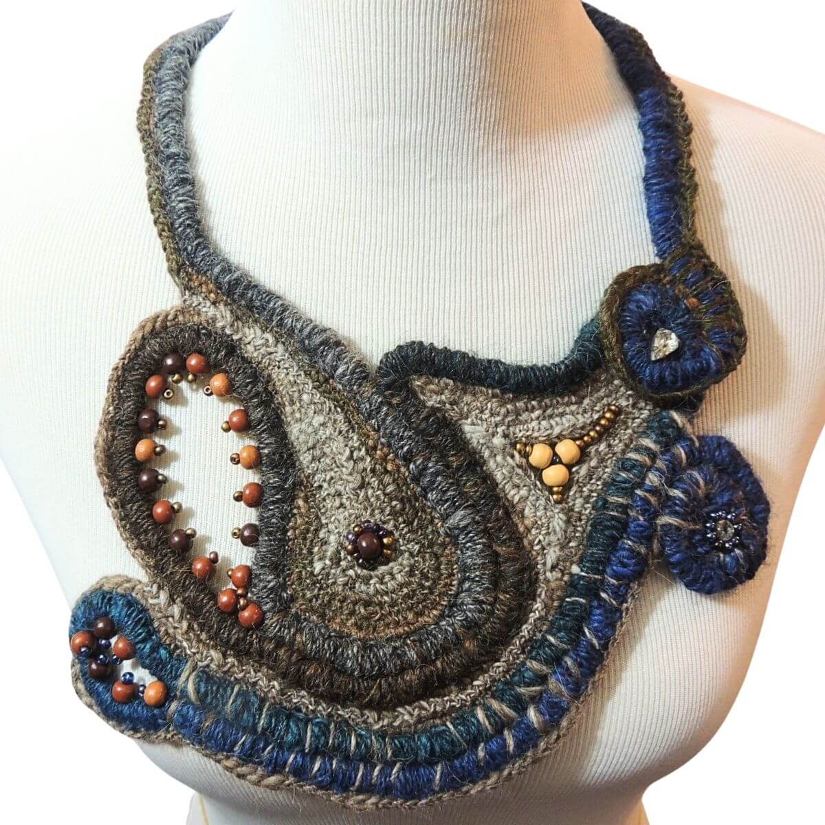 ZURI: OOAK Fiber Art Statement Necklace, Handmade, Beaded Wrapped Cord Wearable Art, Sculptural Fiber Jewelry